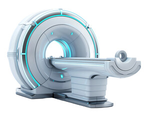 High-tech medical MRI scanner with modern design and advanced imaging technology, isolated on a white background.