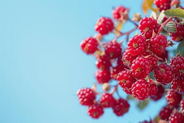Wall Mural - Close-up of ripe red raspberries on a branch against a blue sky background.