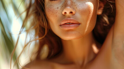 Wall Mural - Portrait of a beautiful young woman with bare shoulders and long blond hair.