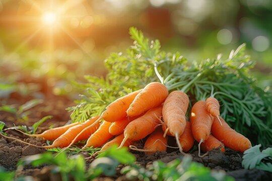  bunch of ripe carrots with leaves on the background of an organic farm field, sun rays and blurred nature in sunset light
