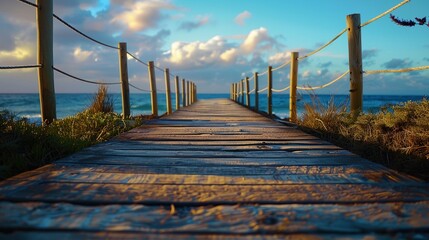 Wall Mural - a wooden walkway leading to the ocean with a cloudy sky in the background