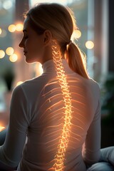 Wall Mural - Digital composite of highlighted spine of woman with back pain at home. Photo with copy space. 