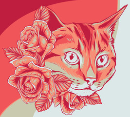 Sticker - vector illustration of cat head with roses