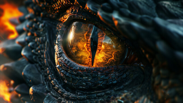 Closeup of angry black dragon fire eye 