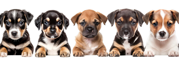 Wall Mural - Set of 6 dog puppy Pitbull Pug Rottweiler Welsh Corgi Beagle Chihuahua portrait head shot isolated on white background cutout PNG file