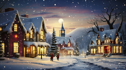 Wall Mural - 3d render of a snowy christmas night in the city created with Generative AI technology