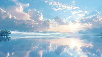 Wall Mural - lake of dreams: a lake reflecting the sky and dreams, with ethereal light.