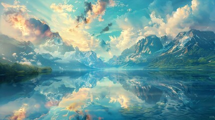 Wall Mural - lake of dreams: a lake reflecting the sky and dreams, with ethereal light.