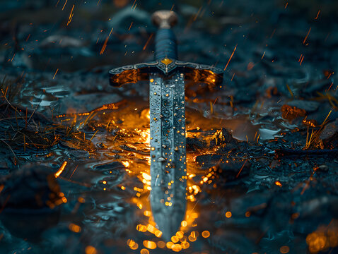 a sword lying on a rock with water droplets reflecting light. The sword has a metallic surface with a golden sheen