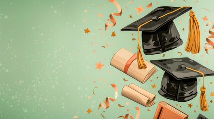 Wall Mural - Graduation Celebration with Caps and Diplomas on Green Background with Confetti Representing Academic Achievement and Success