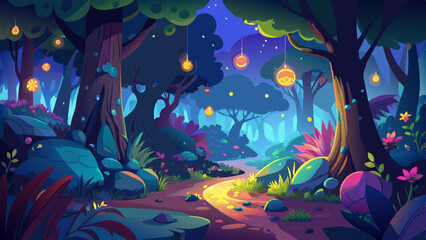 Wall Mural - Whimsical forest scenes at night, illuminated by fireflies in glowing, magical colors., vector graphics