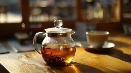 Wall Mural - The image shows a transparent teapot with amber-colored tea inside. The pot is sitting on a wooden table.