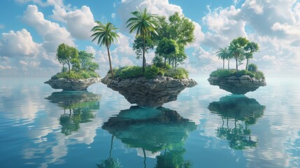 Wall Mural - Enchanting Summer Fantasy: Surreal Floating Islands Adorned with Palm Trees