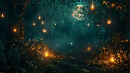 Wall Mural - enchanted forest illuminated by candlelight and a glowing moon amulet, dark abstract backdrop.