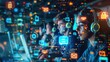 © komgritch - Customer service team with headsets, surrounded by digital icons of phone, chat, and email, in a vibrant call center environment