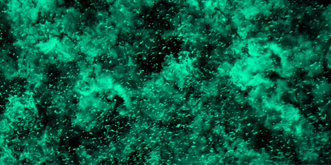 Aufkleber - Abstract light mint color dynamic particles with soft blue clouds on dark background. Night sky with blue storm cloud. Blue painted powder explosion with Bright Blue space nebula.