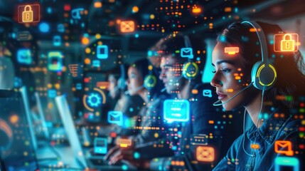 Customer service team with headsets, surrounded by digital icons of phone, chat, and email, in a vibrant call center environment