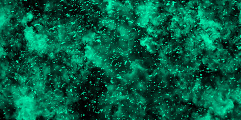 Aufkleber - Abstract light mint color dynamic particles with soft blue clouds on dark background. Night sky with blue storm cloud. Blue painted powder explosion with Bright Blue space nebula.