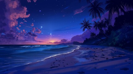 Wall Mural - A serene beach at night, with the sky painted in shades of deep blue and purple, stars twinkling above