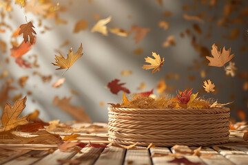 autumn leaves falling into wicker basket on table. autumn season and harvest concept.