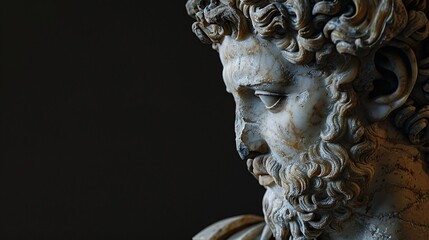 Dramatic portrait of an ancient greek or roman statue of a bearded man with curly hair black background.