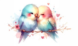 Watercolor of a couple cute birds and love hearts for Valentine's Day