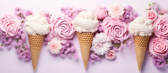 Wall Mural - minimal summer theme featuring an ice cream cone adorned with pink flowers and leaves on a vibrant p