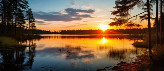 Wall Mural - Autumn evening scene at the lake within a forest setting, ideal for a copy space image.