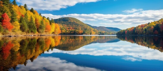 Sticker - Autumn landscape with a lake mirroring the sky, creating a tranquil scene with copy space image.