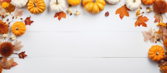 Wall Mural - Fall-themed arrangement featuring dried leaves, pumpkins, flowers, and rowan berries on a white backdrop with space for text or images. Perfect for autumn, Halloween, or Thanksgiving concepts