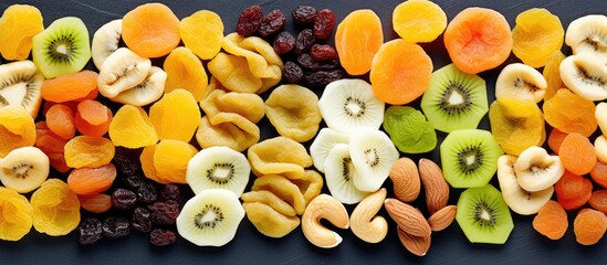 Canvas Print - Top view of an assortment of organic healthy dried fruits like apples, mango, feijoa, apricots, and prunes with copy space image.