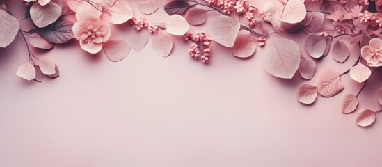 Wall Mural - Autumn-themed arrangement featuring dried leaves, flowers, and rowan berries on a pink background. Depicting autumn, fall, and Thanksgiving themes with flat lay style, top view, and copy space image.