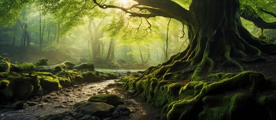 Canvas Print - Sunlight filtering through the canopy of a lush green forest, illuminating the twisting roots of the trees, offers a picturesque copy space image.