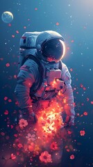 Wall Mural - AI generated illustration of an astronaut with smartphone and red flowers in space