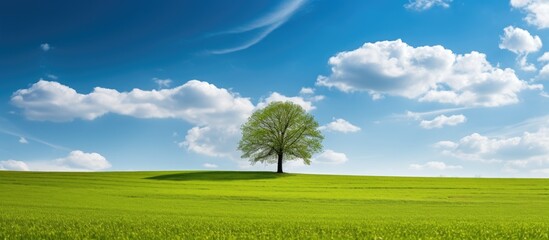 Sticker - Lush green tree standing on a verdant meadow with ample copy space image available.