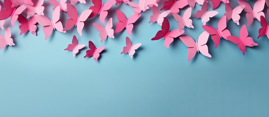 Wall Mural - a paper butterfly on a pink backdrop with copy space image.