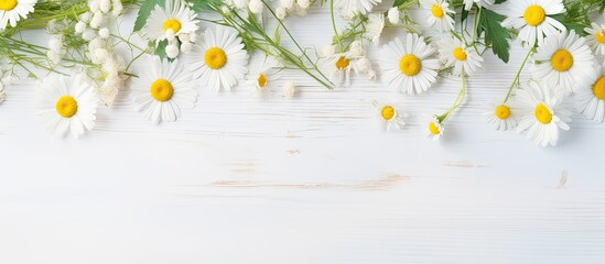 Wall Mural - yellow flowers and eucalyptus leaves arranged on a white surface, captured from above with a lot of 