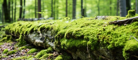 Wall Mural - Side view of a decayed branch covered in lush green moss against a white background, with copy space image.