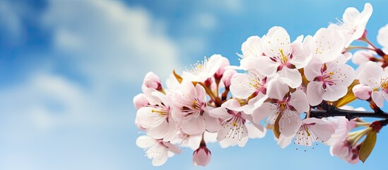 Wall Mural - Spring blooms on a tree with a nature backdrop, creating a blurred spring-themed copy space image.