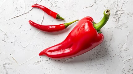 Red chili peppers on white background. Fresh red chili peppers, including a large pointed pepper, arranged on a textured white background.