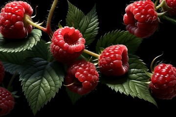 Wall Mural - ripe raspberries with leaves isolated on a black background