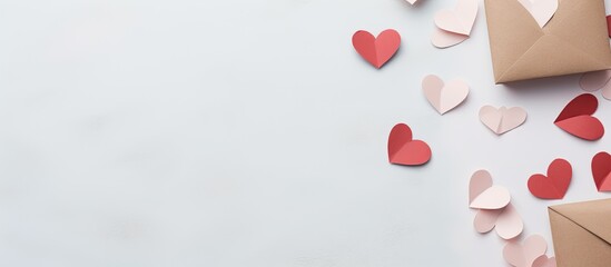 Wall Mural - Valentine's Day themed kraft paper envelope with origami heart decoration on a white background, perfect for holiday greetings. Copy space image.