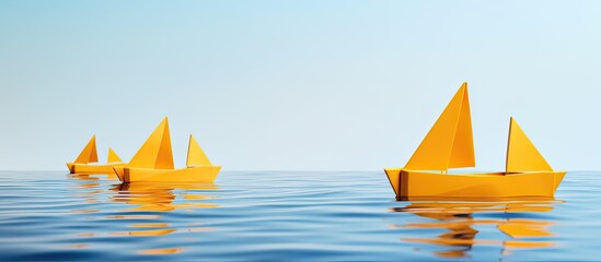Wall Mural - Origami boat in yellow hue floating on a blank white backdrop, providing ample copy space for an image.