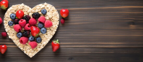 Sticker - Heart-shaped granola topped with fresh berries is displayed in a copy space image.