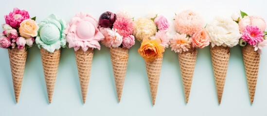 Canvas Print - flat lay top view of a waffle cone with a bouquet of roses on a pink background, with copy space ima