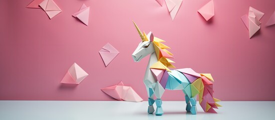 Wall Mural - A pink and gold origami unicorn art on a white background, ideal for children's DIY projects, with copy space image.