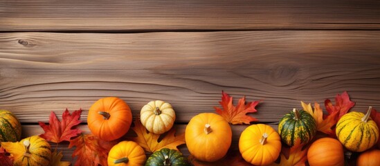 Wall Mural - autumn-inspired decoration with fall leaves and pumpkins on a stone backdrop. flat lay view from abo