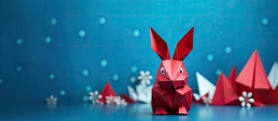 Wall Mural - Origami red rabbit or bunny with copy space image, set against a blue backdrop, symbolizing Chinese New Year of the Rabbit and Easter festivities.