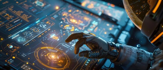 Wall Mural - a close-up shot focusing on an astronaut's hand interacting with a touch screen on the spacecraft's 