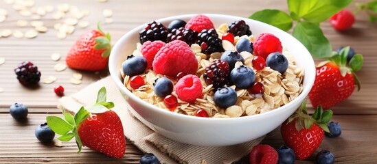 Poster - Muesli topped with fresh blueberries and raspberries displayed on a rustic wooden table with a blank background for copy space image.